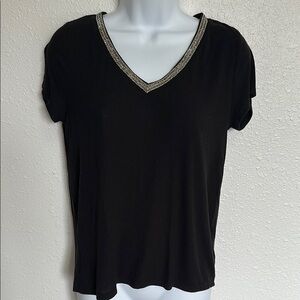 Jennifer Lopez with Rhinestone Detail Neckline Black Tee Size Small